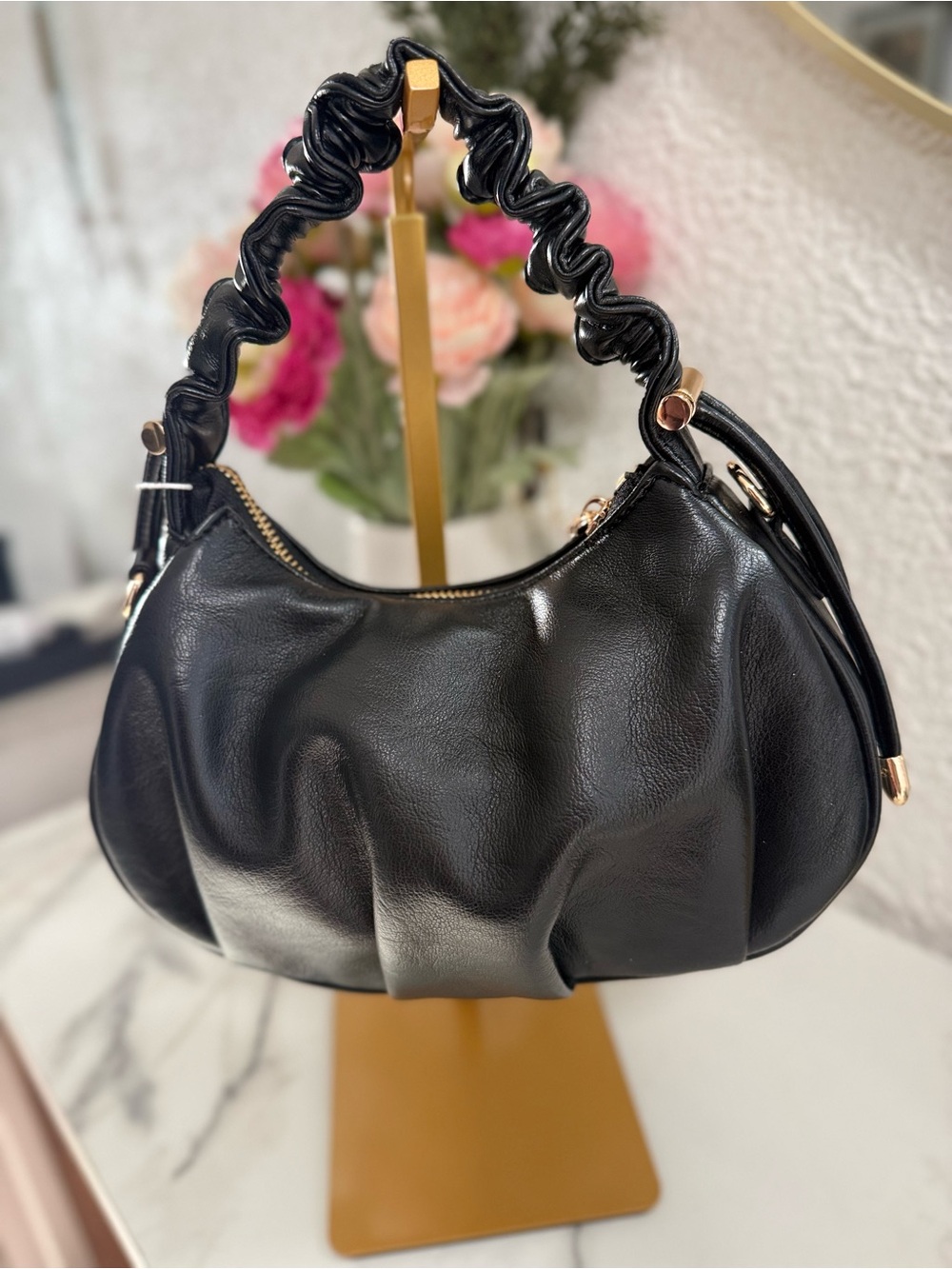 Urban Expressions Black Ruched Hobo Crossbody Shoulder Bag